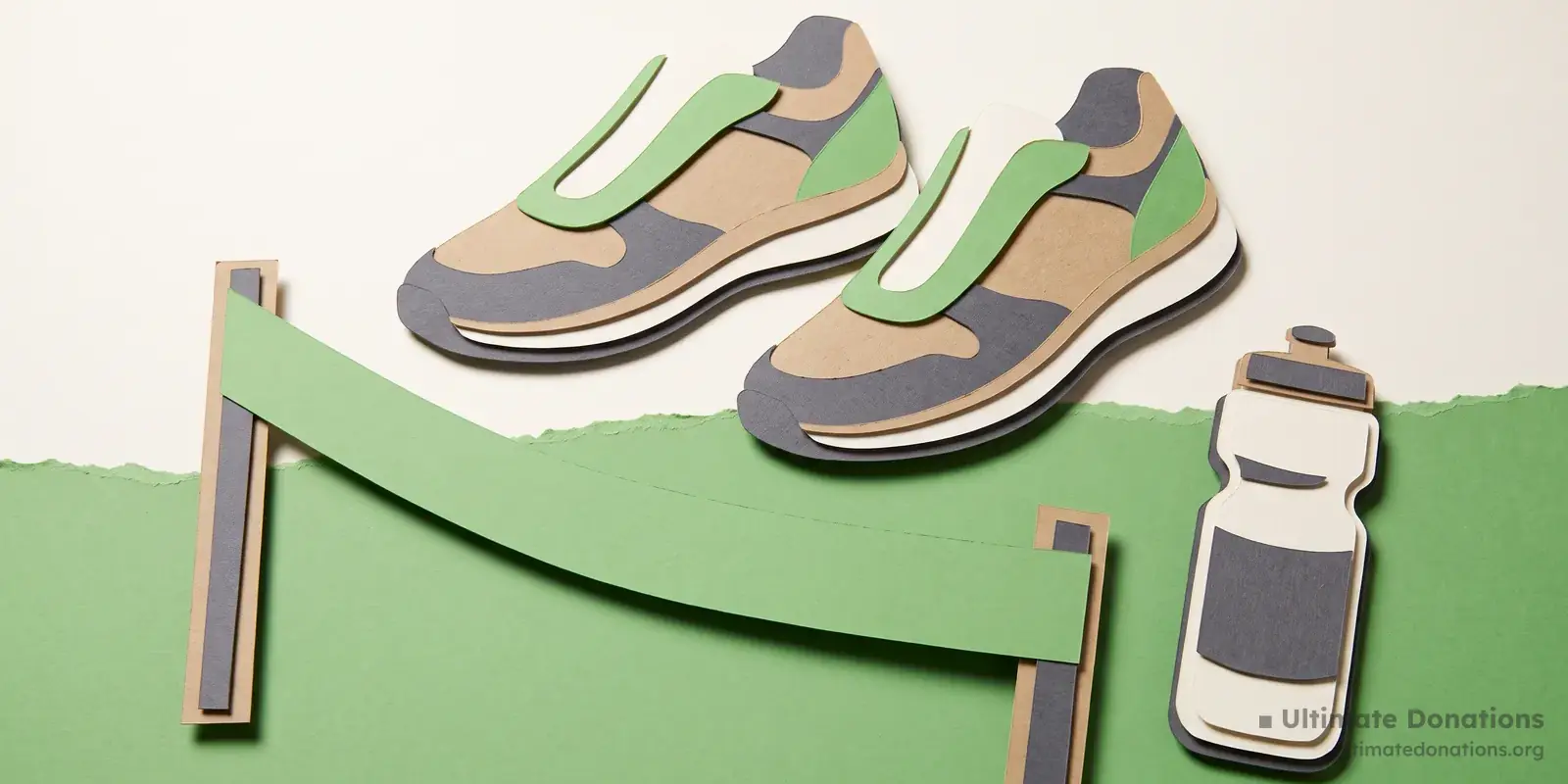 Cut-paper illustration: a pair of running shoes, a finish line ribbon between two posts, and a water bottle.