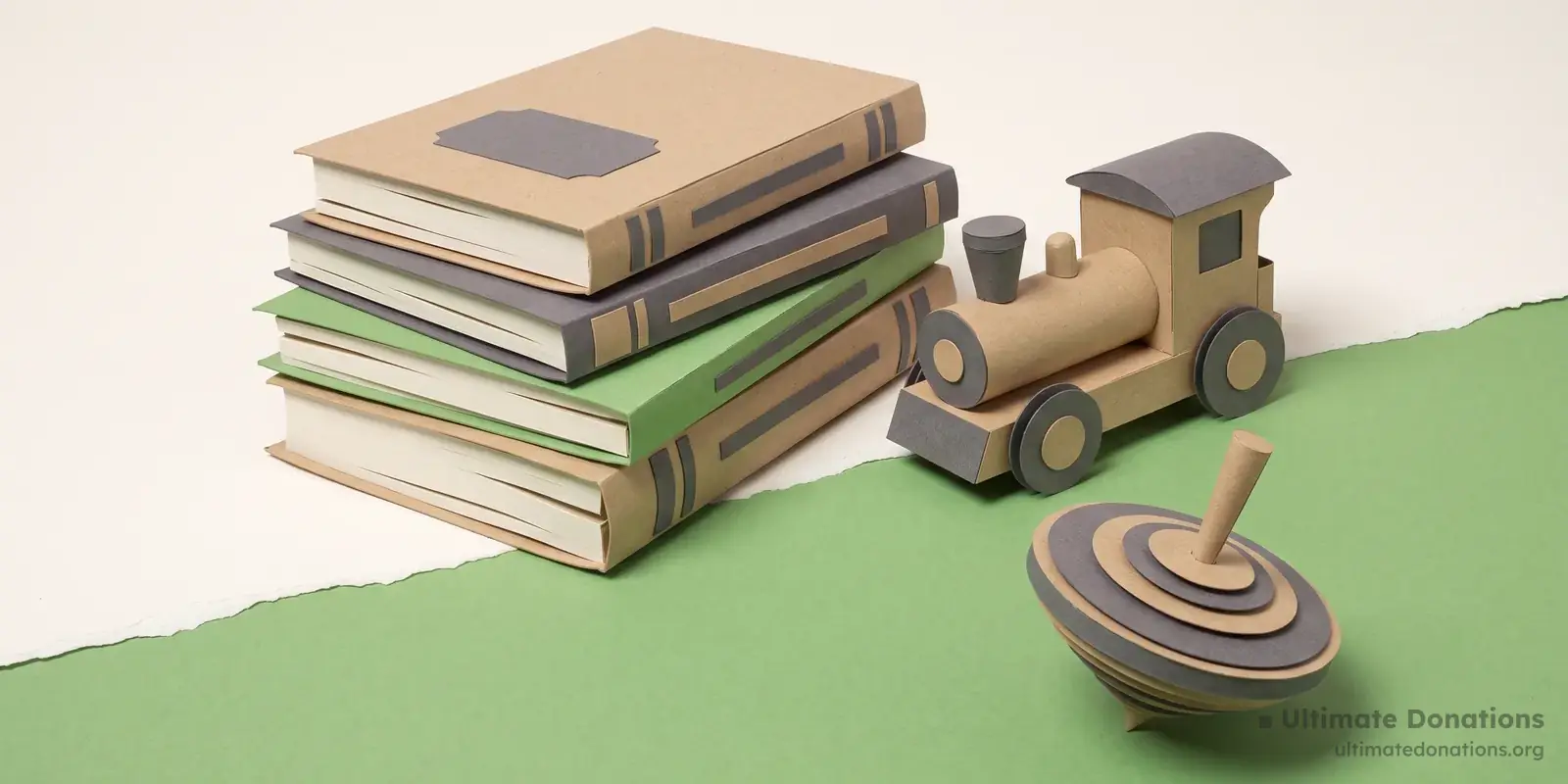 Cut-paper illustration: a stack of plain books, a wooden toy train engine, and a spinning top.