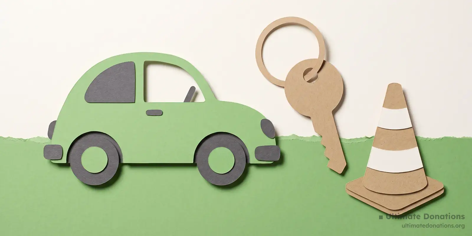 Cut-paper illustration: a simple rounded car, a large plain key on a round ring, and a traffic cone.