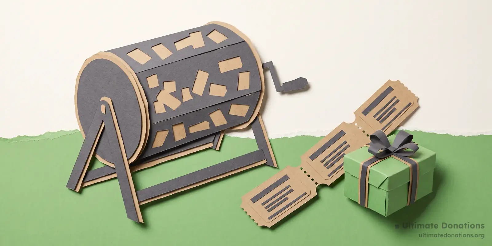 Cut-paper illustration: a raffle drum, a strip of tickets, and a small wrapped prize box.