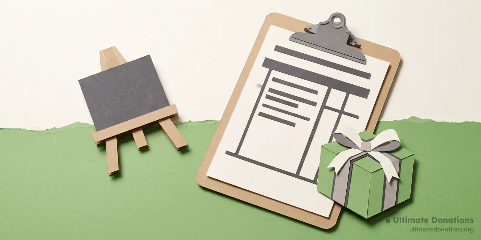 Cut-paper illustration: a bid sheet on a clipboard, a small display easel, and a wrapped gift box.