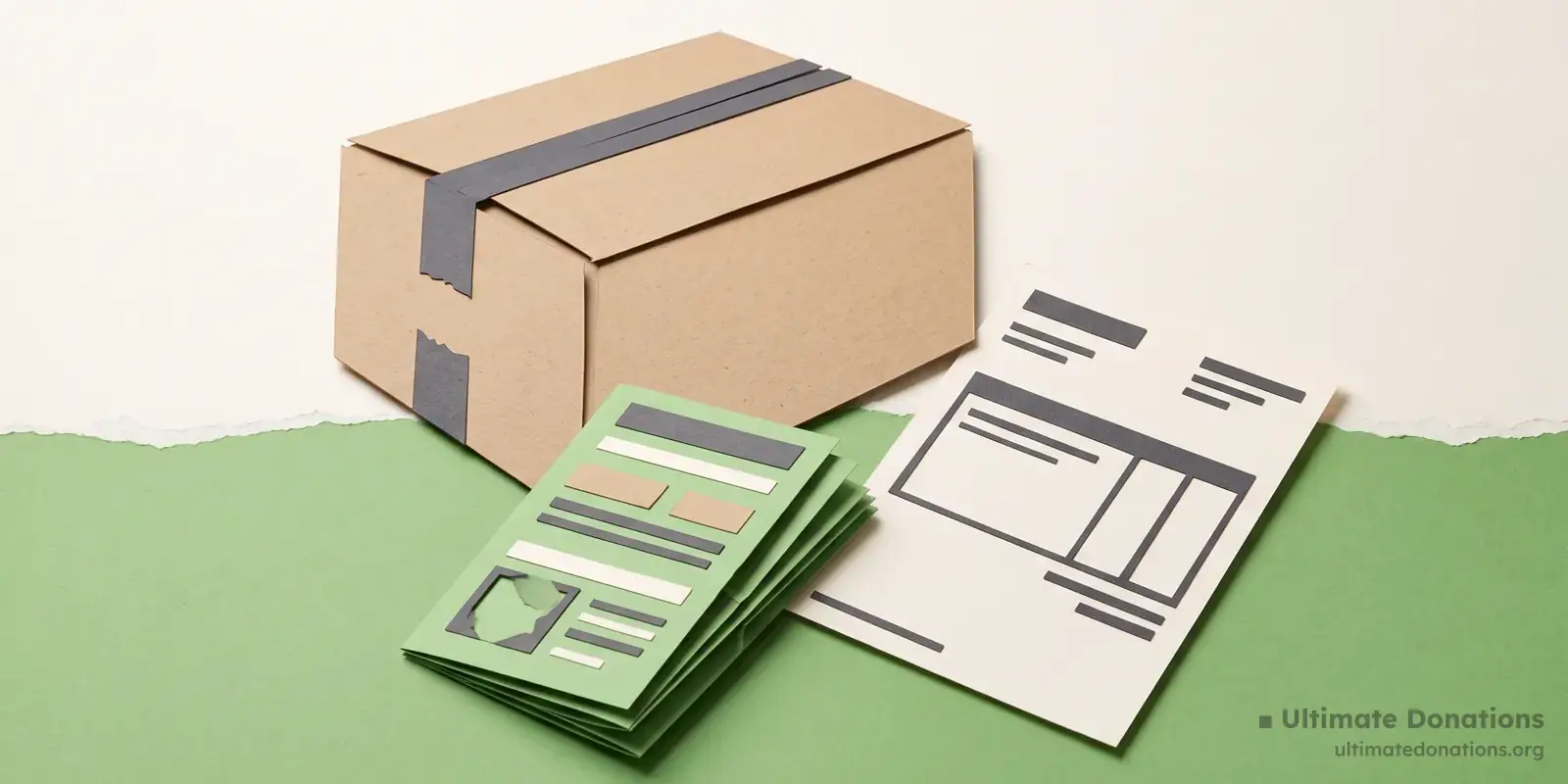 Cut-paper illustration: a cardboard shipping carton, a packing slip, and a small stack of folded flyers.