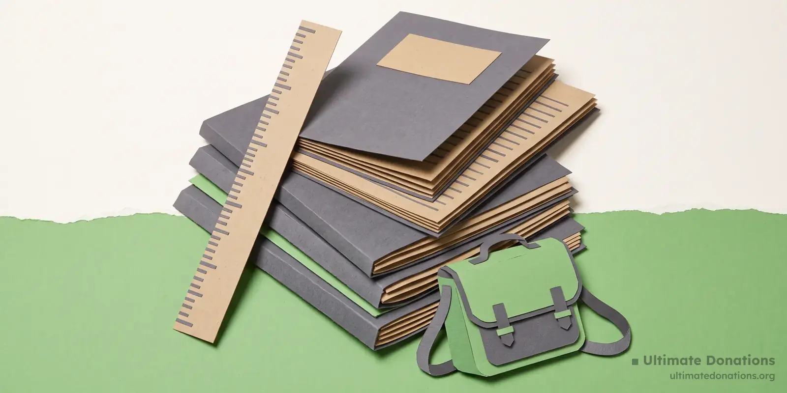 Cut-paper illustration: a stack of exercise books, a ruler, and a small satchel.