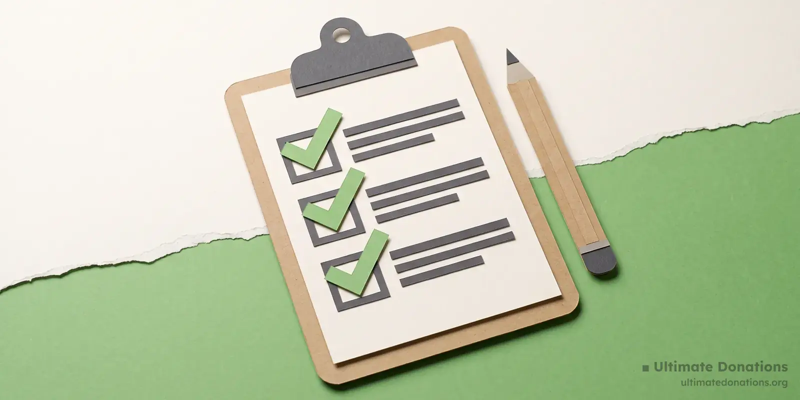 Cut-paper illustration: a clipboard holding a blank checklist, a pencil, and three small tick marks.