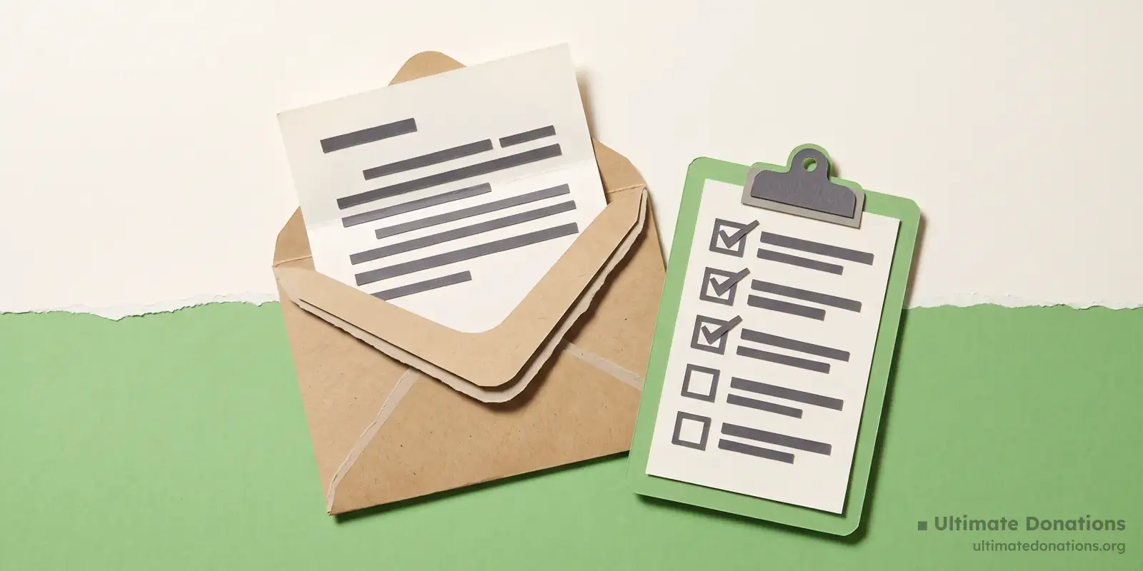 Cut-paper illustration: an envelope, a folded letter, and a small clipboard with a checklist.