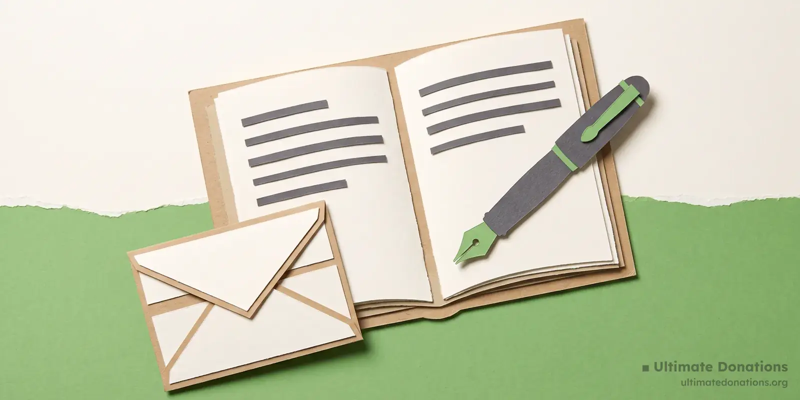 Cut-paper illustration: an open workbook, a fountain pen, and a folded letter.