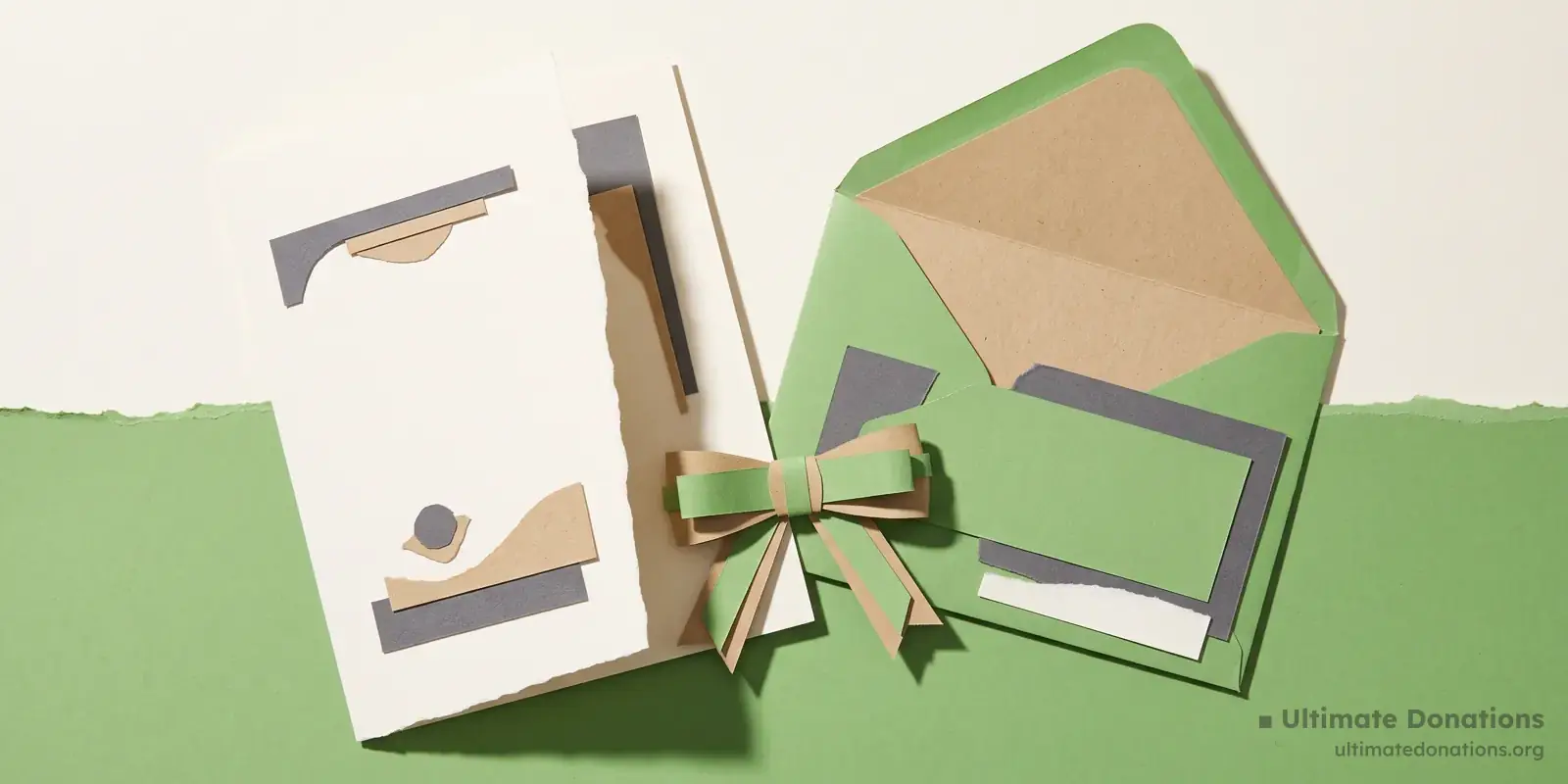 Cut-paper illustration: a folded thank-you card, an envelope, and a small ribbon bow.