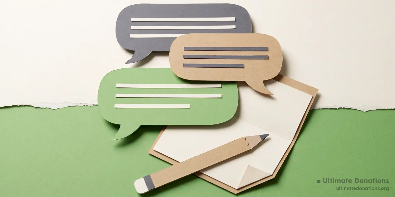 Cut-paper illustration: three overlapping speech bubbles, a folded note, and a pencil.