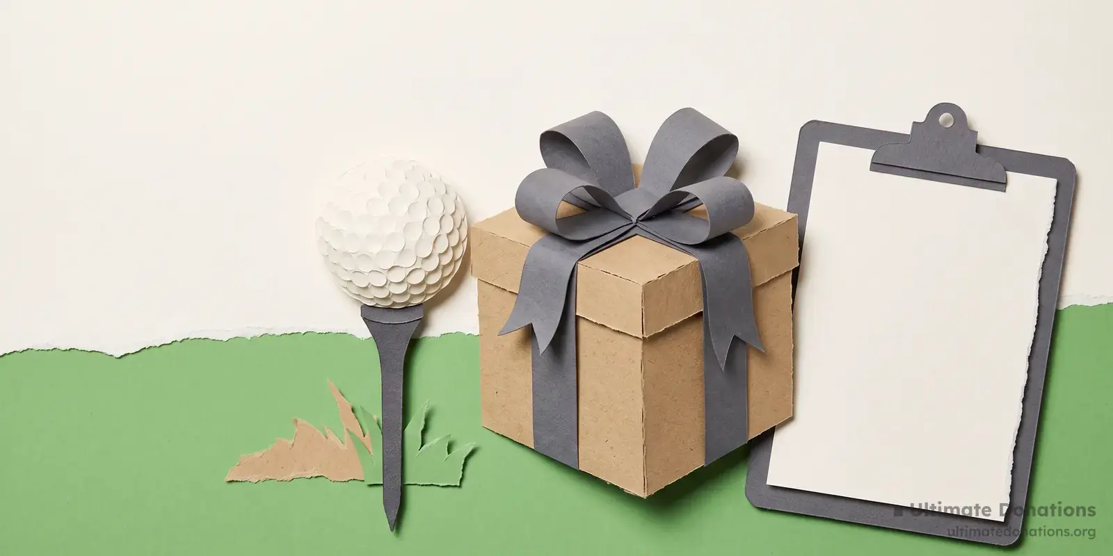 Cut-paper illustration: a golf ball on a tee, a gift box with a bow, and a clipboard with a blank sheet.
