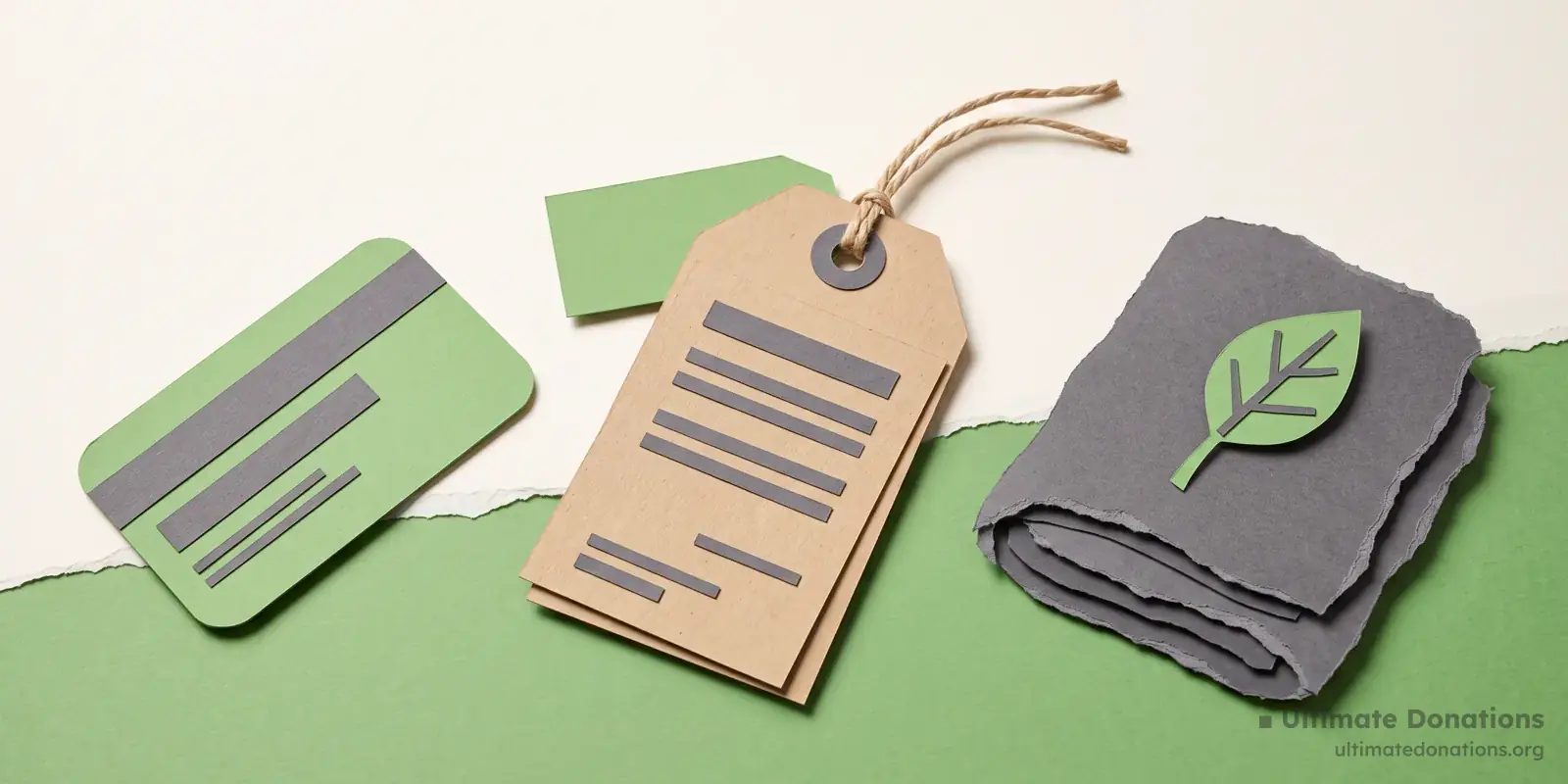 Cut-paper illustration: a luggage tag, a room key card, and a folded towel with a small leaf.