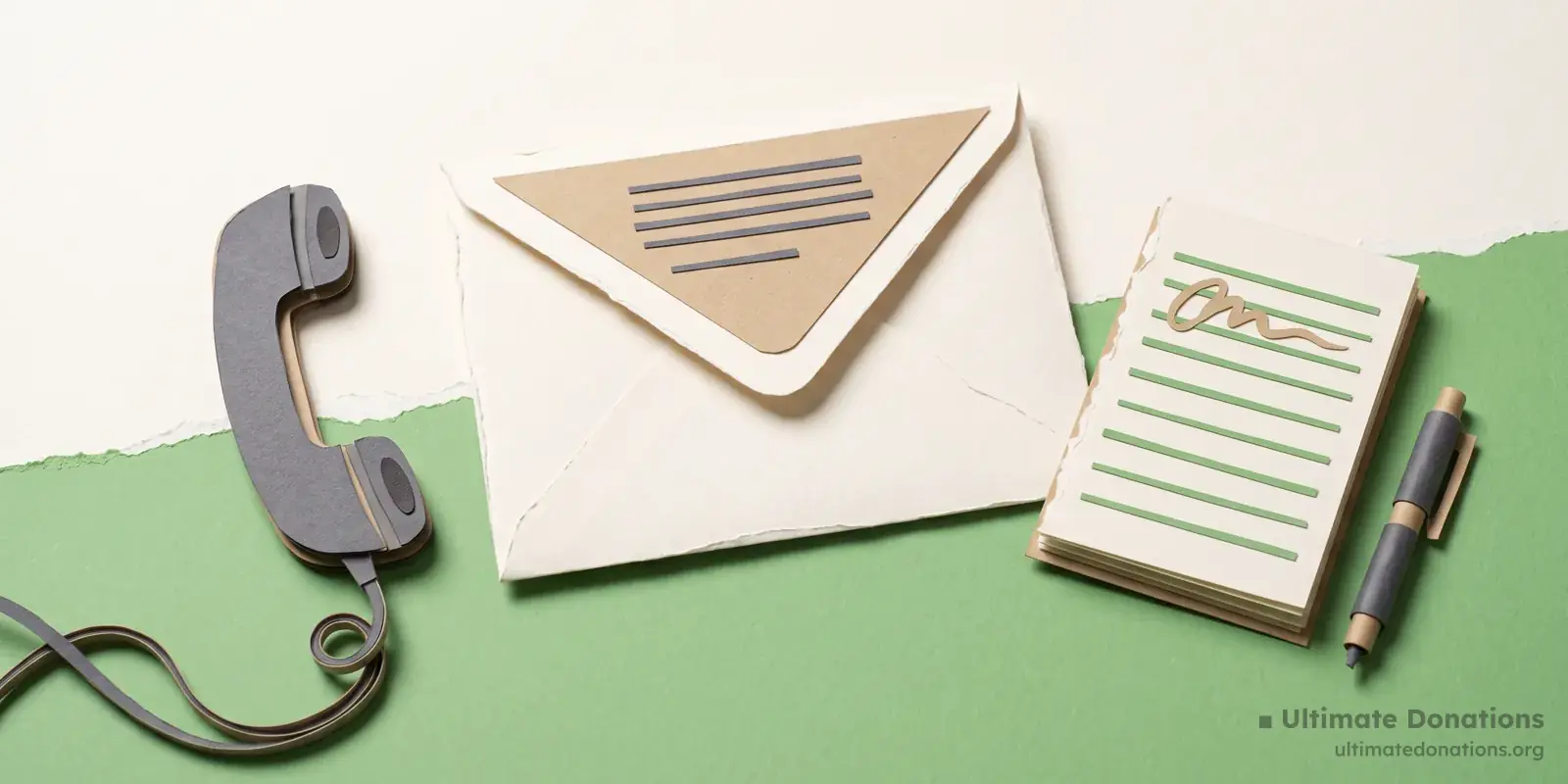 Cut-paper illustration: an envelope, a telephone handset, and a small notepad.