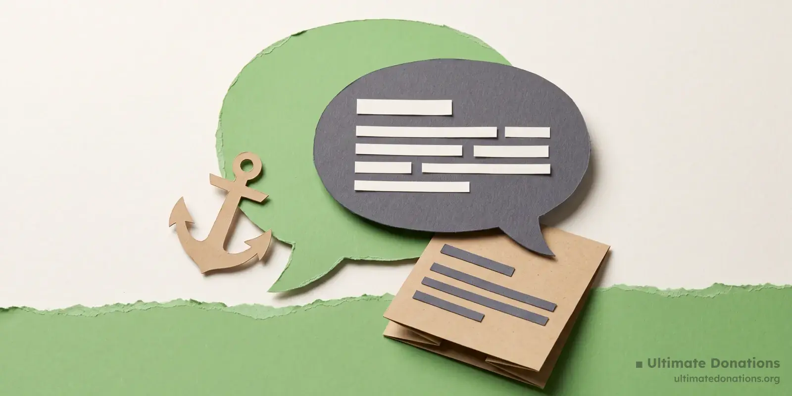 Cut-paper illustration: two overlapping speech bubbles, a folded note, and a small anchor shape.