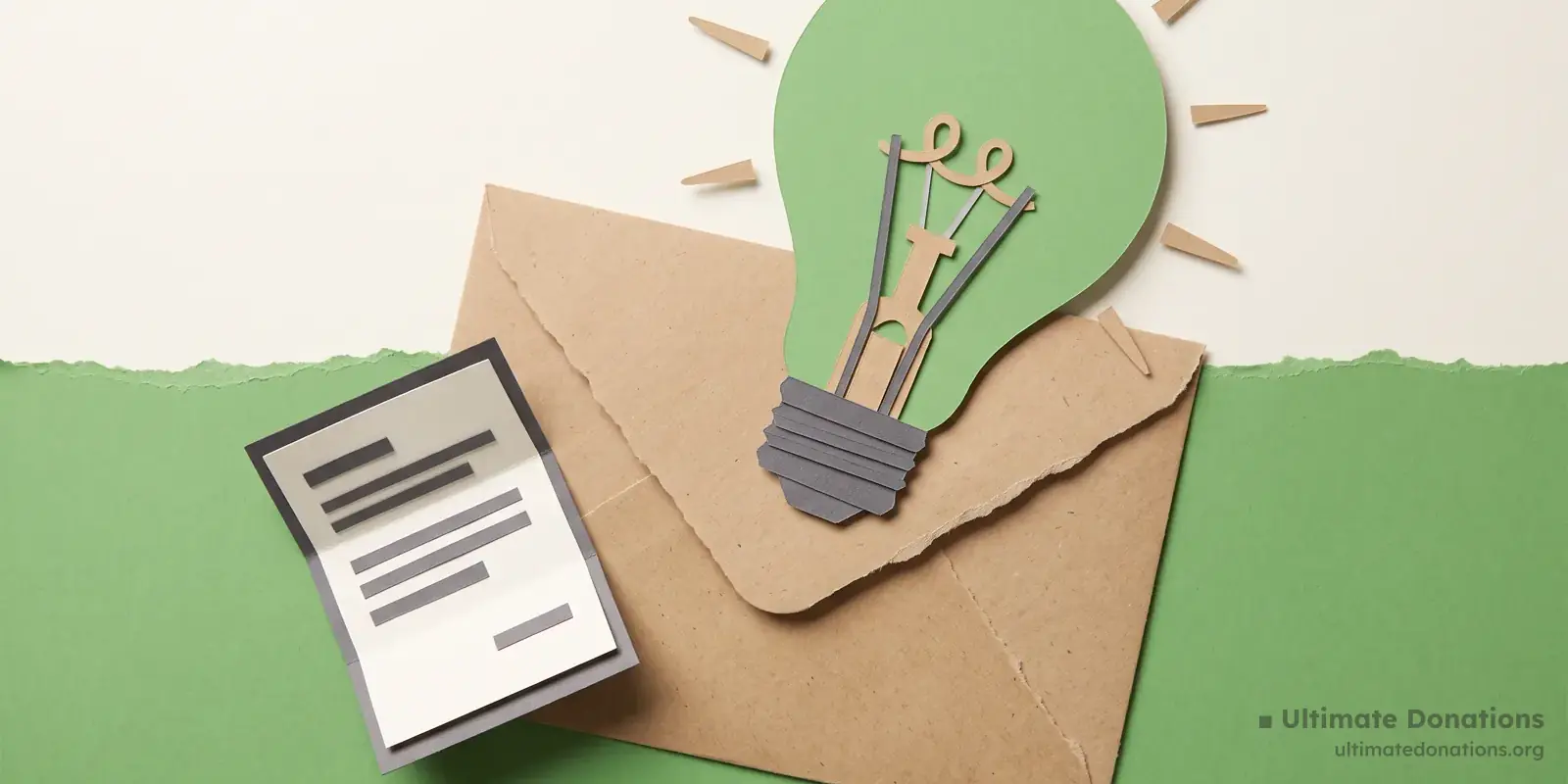 Cut-paper illustration: an envelope, a lightbulb shape, and a small folded tip card.