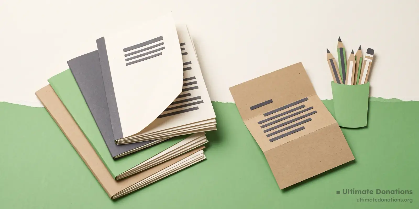Cut-paper illustration: a stack of exercise books, a folded letter, and a small pencil pot.