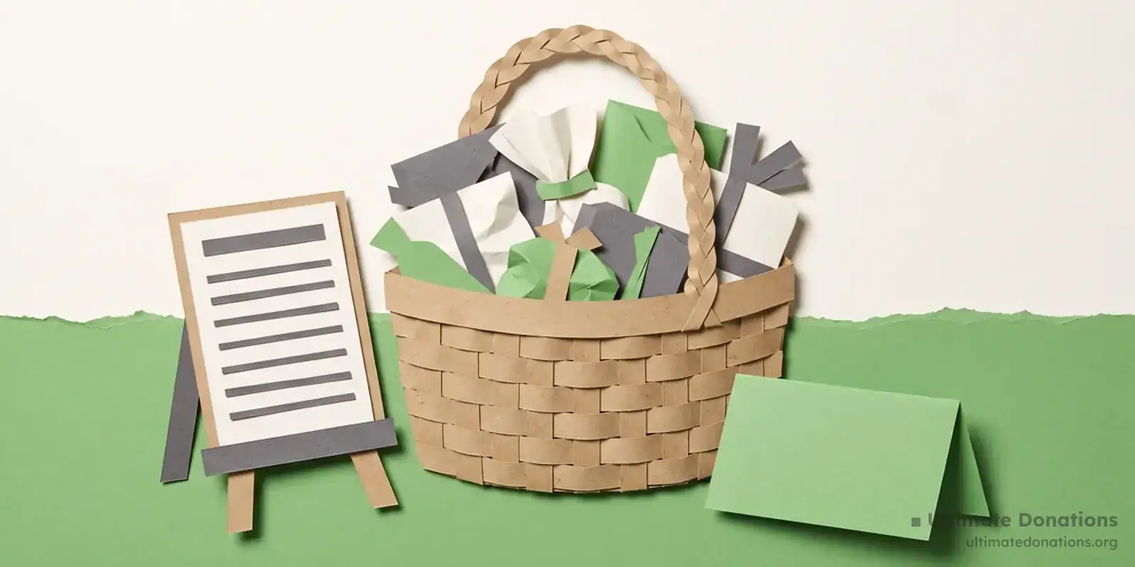 Cut-paper illustration: a woven gift basket, a small bid sheet propped on a stand, and a folded tent card.