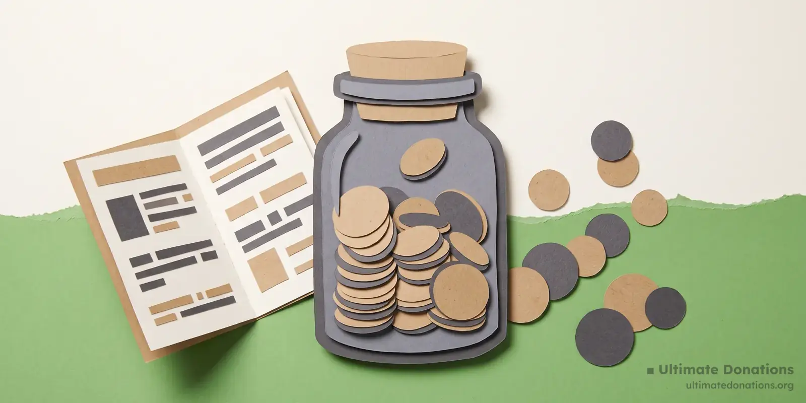 Cut-paper illustration: a coin jar, a scattering of round coins, and a folded manual.