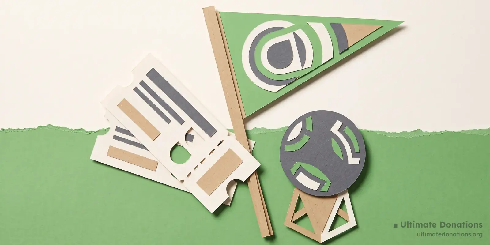 Cut-paper illustration: a pair of event tickets, a pennant flag, and a ball on a stand.