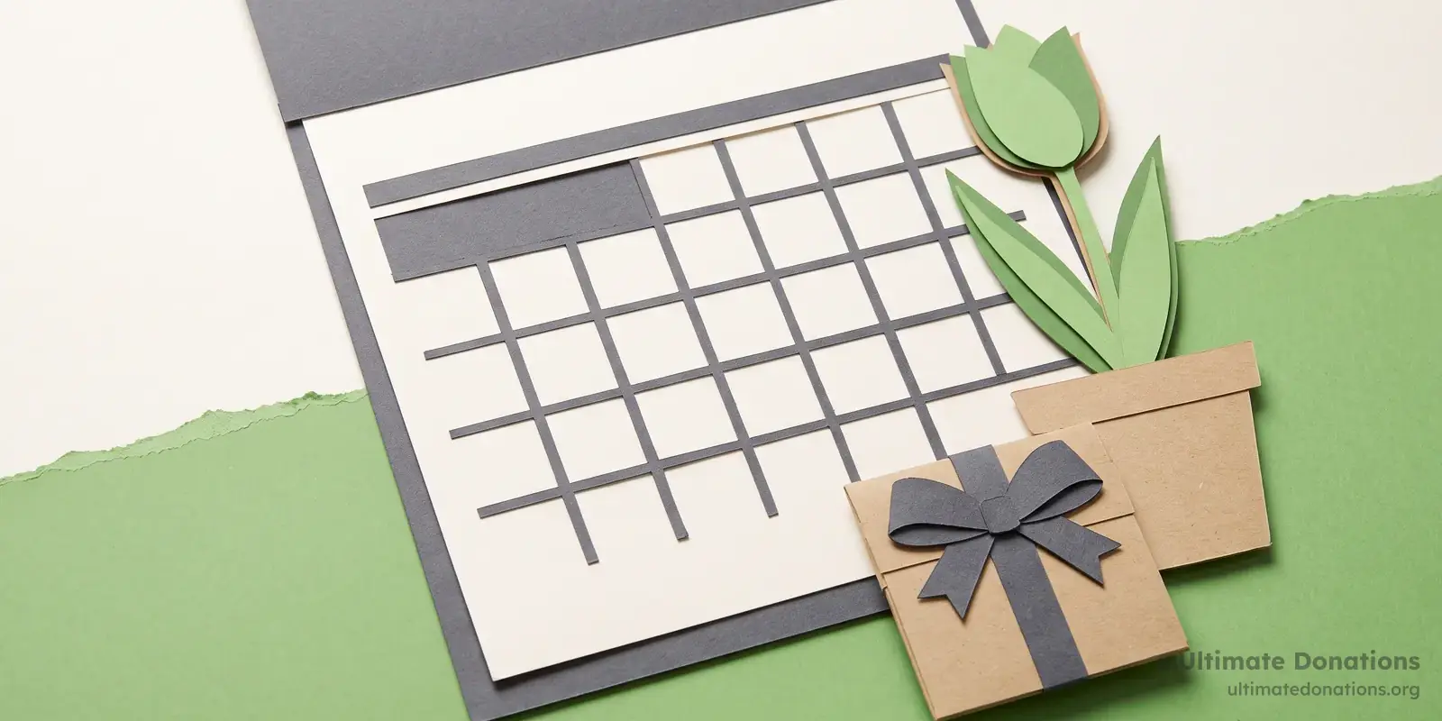 Cut-paper illustration: a wall calendar page with a blank grid, a potted tulip, and a gift box with a bow.