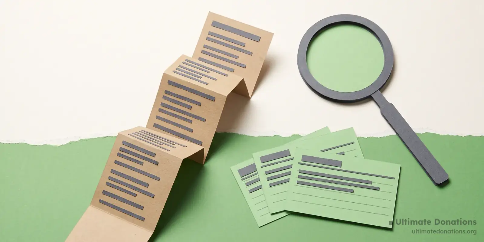 Cut-paper illustration: a long folded list, a magnifying glass, and three small index cards.
