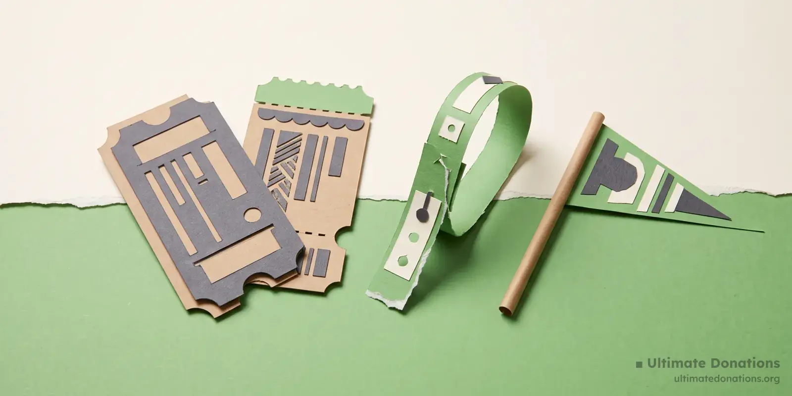 Cut-paper illustration: a pair of admission tickets, a wristband, and a small pennant flag.