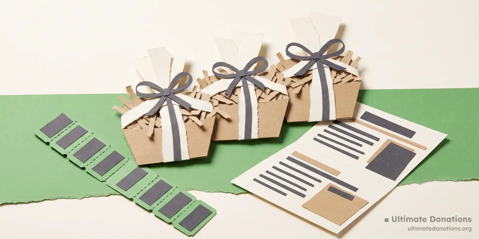 Cut-paper illustration: a row of three small wrapped baskets, a strip of raffle tickets, and a folded planning sheet.