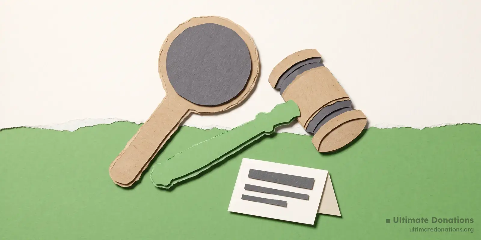 Cut-paper illustration: an auction gavel, a bid paddle, and a small tent card.