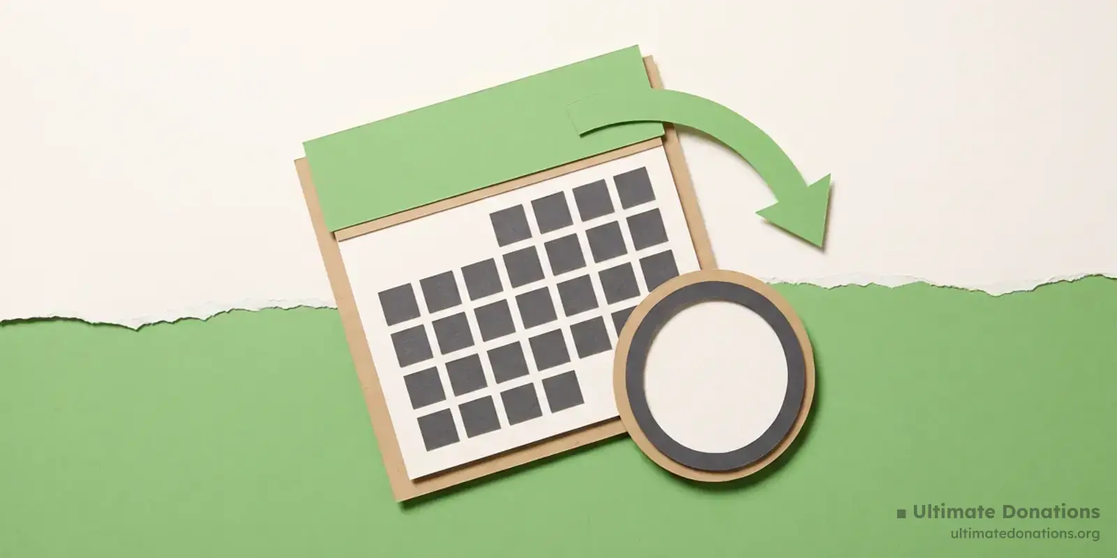 Cut-paper illustration: a wall calendar page with a blank grid, a small round clock, and a curved arrow.