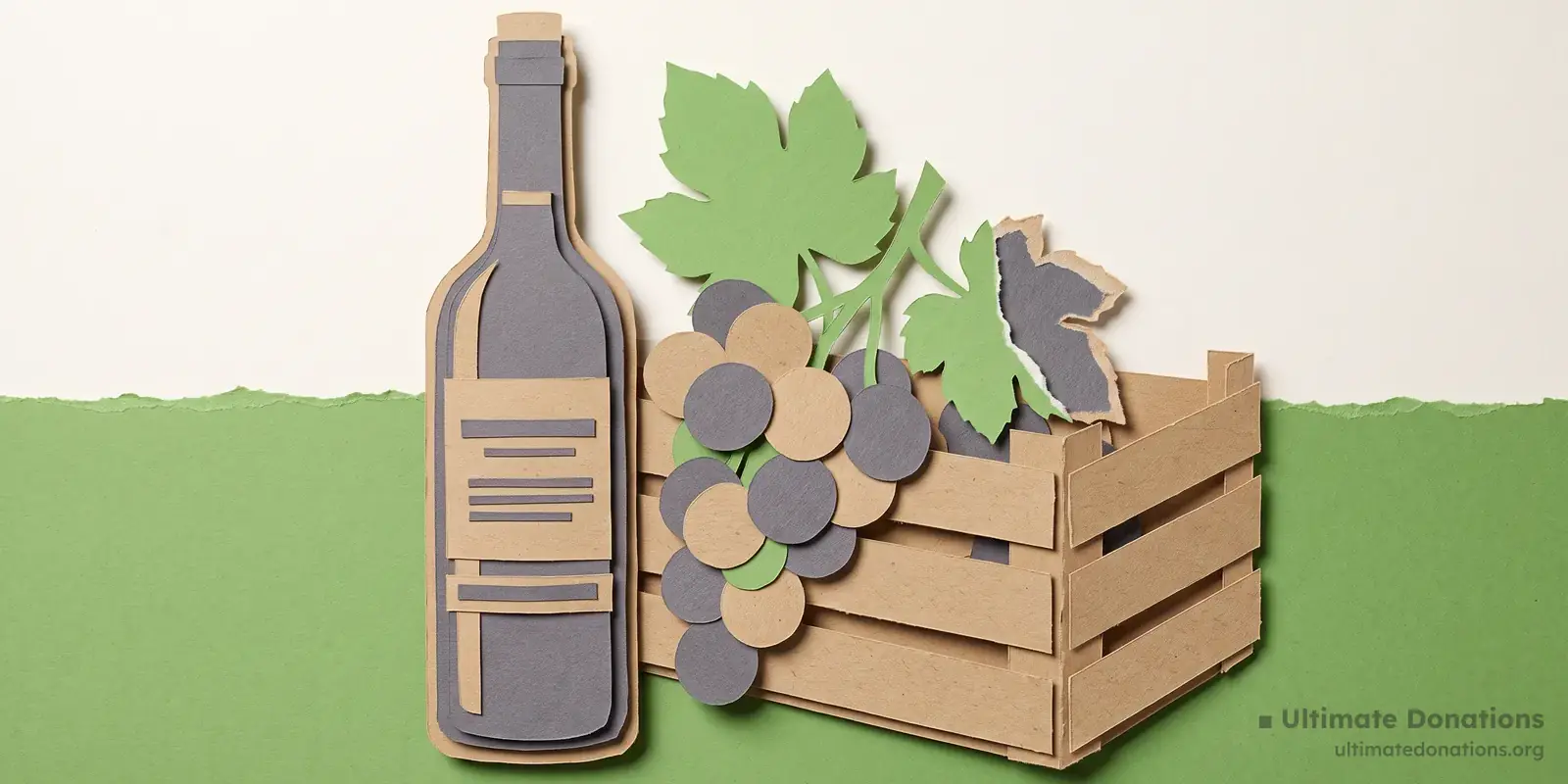 Cut-paper illustration: a plain wine bottle with a blank label, a bunch of grapes, and a small wooden crate.